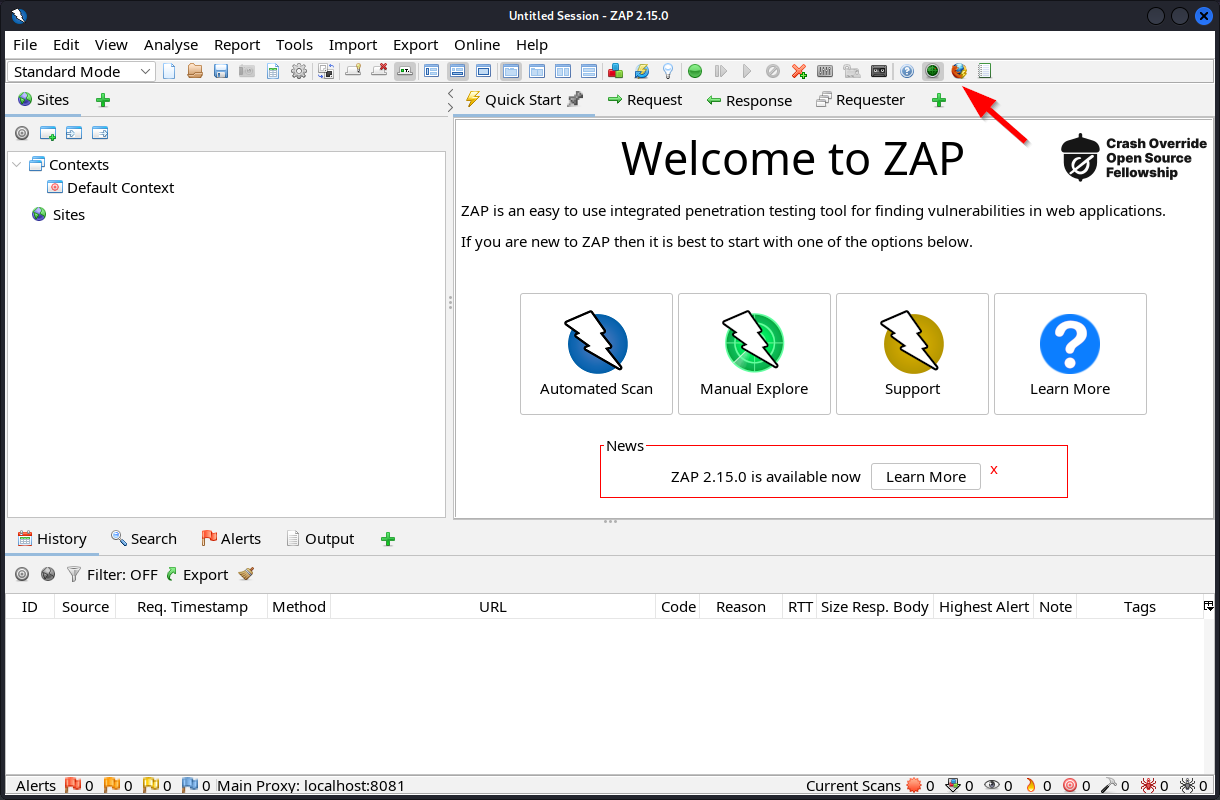 Opening Firefox in ZAP